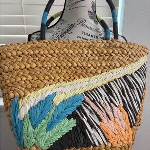 Embroidered Straw Tote in Natural with Multicolor Fringe